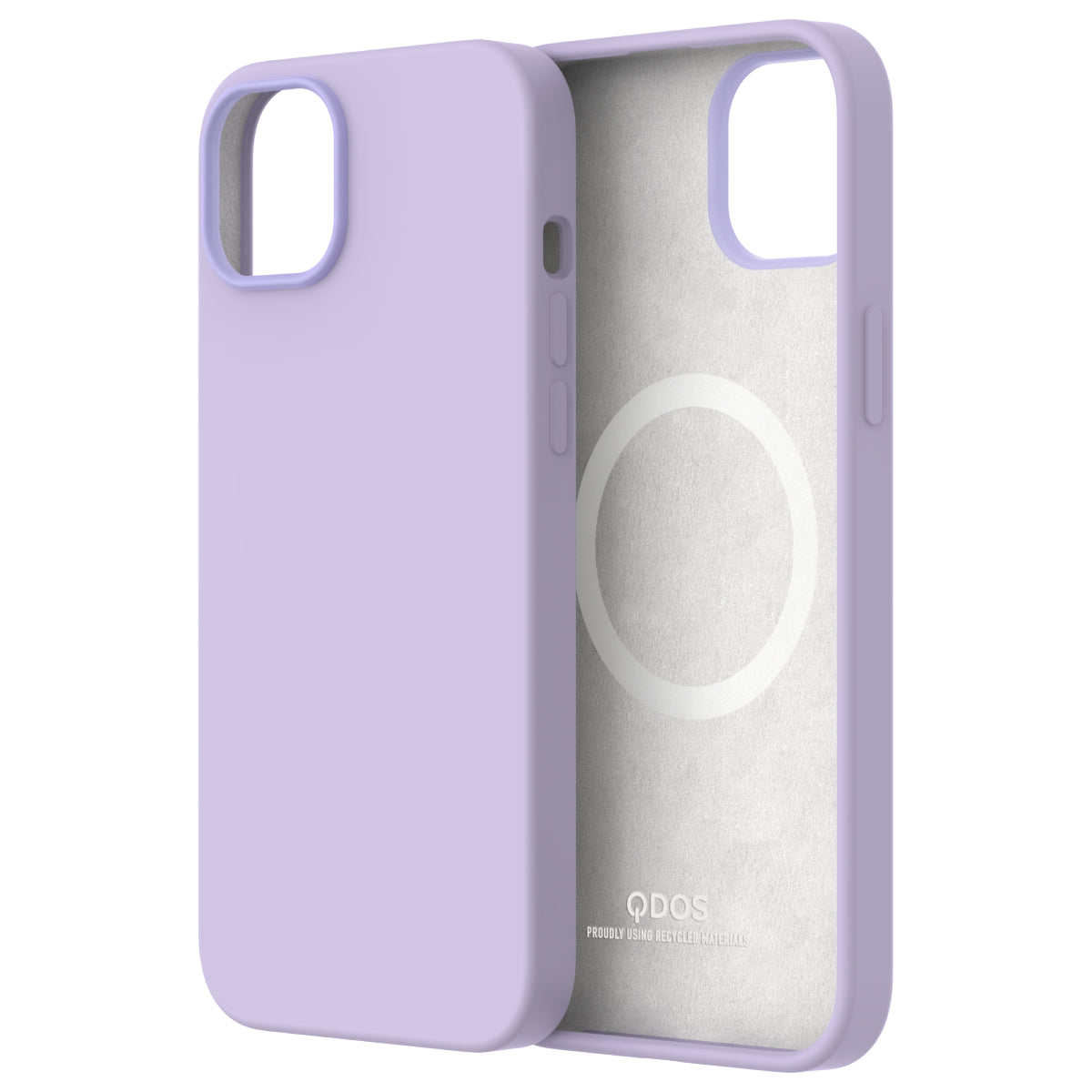 Back and interior view of a lavender iPhone 14 Plus case with a smooth finish. The inside reveals a MagSafe-compatible ring and the QDOS logo, highlighting the use of recycled materials. The case features precise cutouts for the camera and buttons.