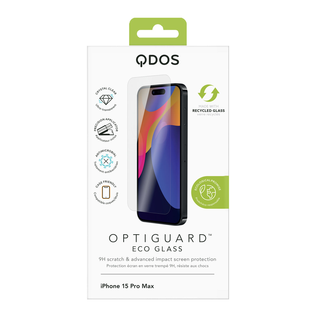 OptiGuard Eco Glass - Apple iPhone 15 Pro Max Screen Protector - Clear, showcasing product packaging in white