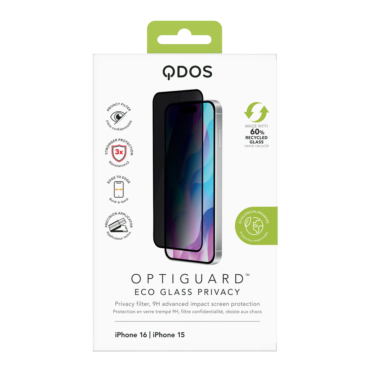 OptiGuard Eco Glass Privacy - Apple iPhone 16, iPhone 15 Screen Protector - Privacy Black, showcasing product packaging in white