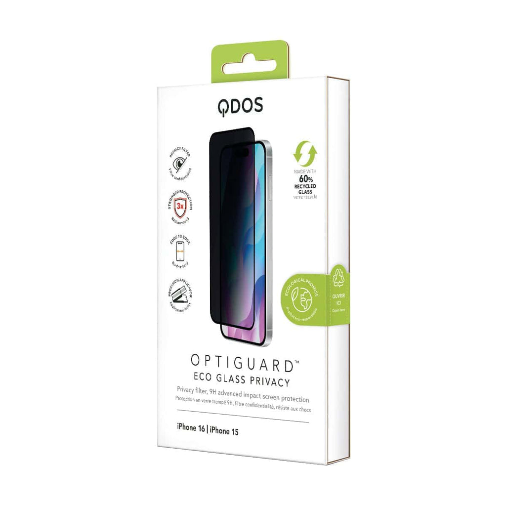 OptiGuard Eco Glass Privacy - Apple iPhone 16, iPhone 15 Screen Protector - Privacy Black, showcasing product packaging in white