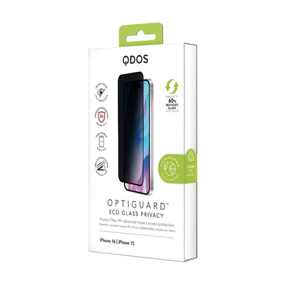 OptiGuard Eco Glass Privacy - Apple iPhone 16, iPhone 15 Screen Protector - Privacy Black, showcasing product packaging in white