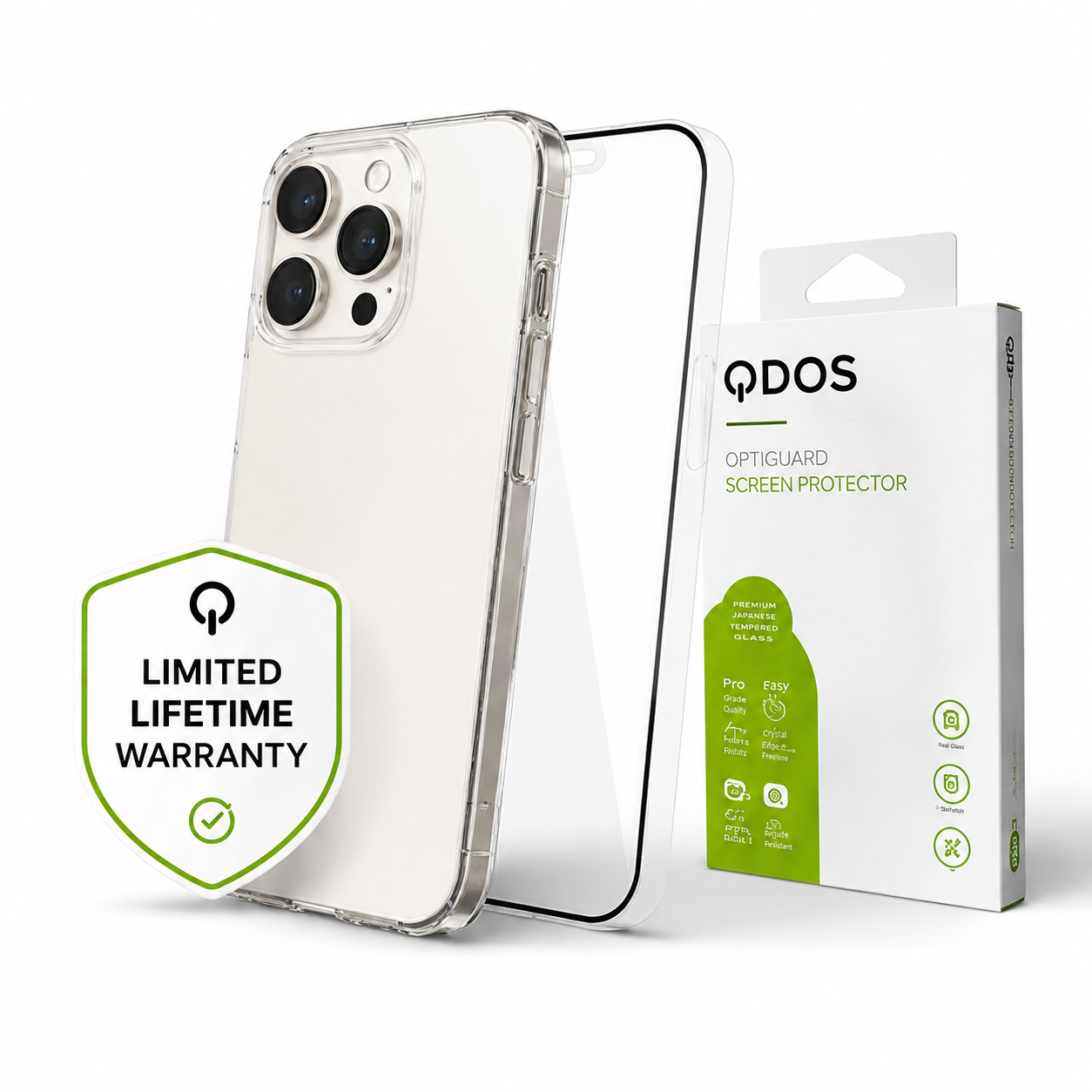A clear screen protector shown partially inserted into a white smartphone case, with the product packaging box and a green 'Limited Lifetime Warranty' badge on a clean white background. The box is branded QDOS and reads 'Optiguard Screen Protector.