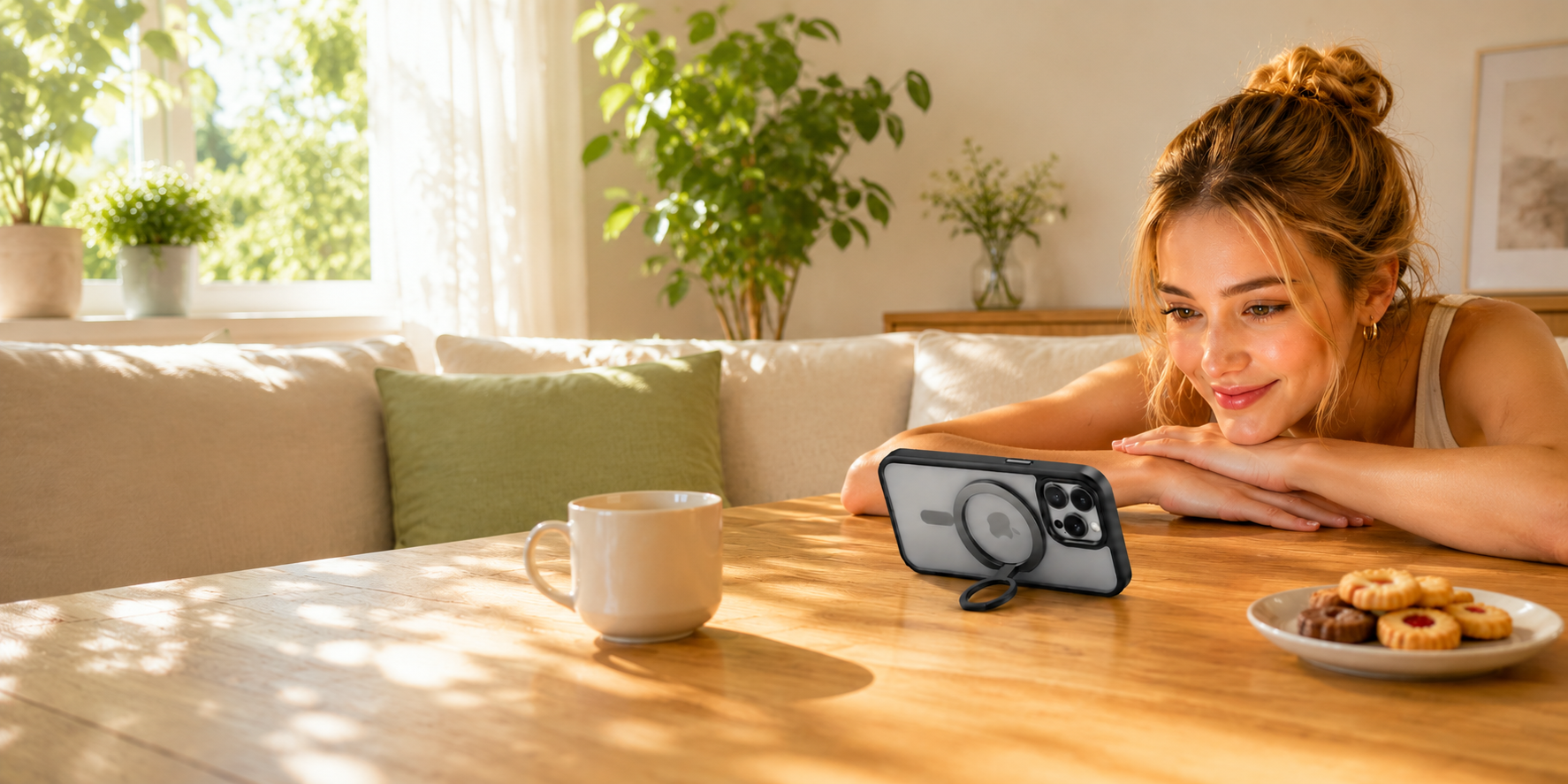 Woman taking a selfie with a phone on a table with a mug and cookies in a bright room.