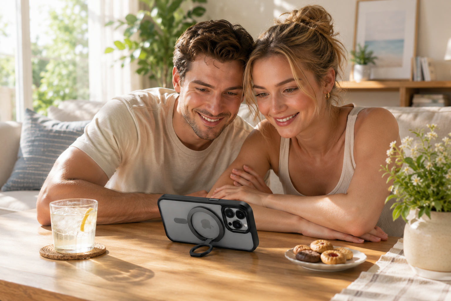 Couple looking at a phone together in a cozy living room.