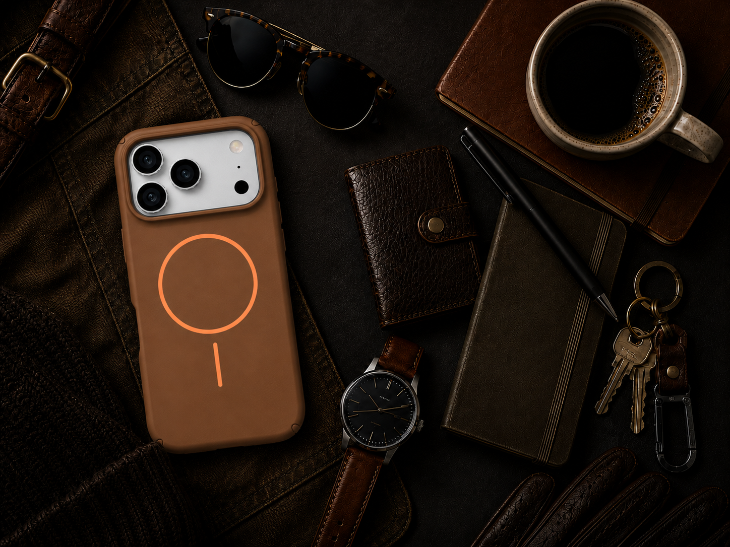 Brown phone case with orange circle design on a dark surface with accessories