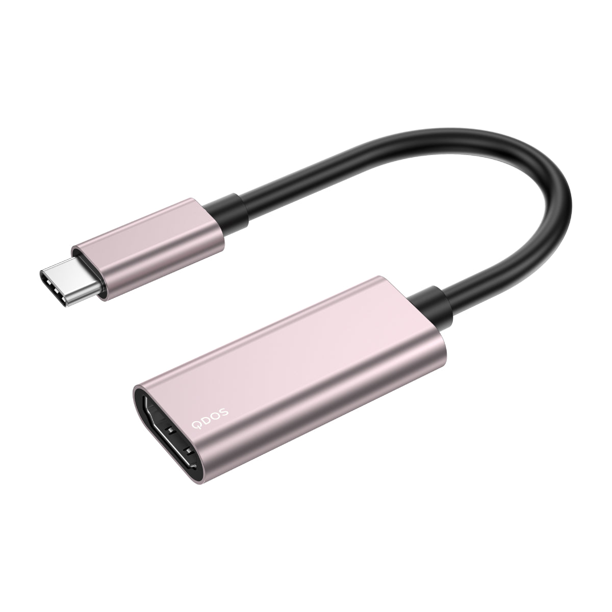 Rose gold USB-C adapter with a black cable on a white background