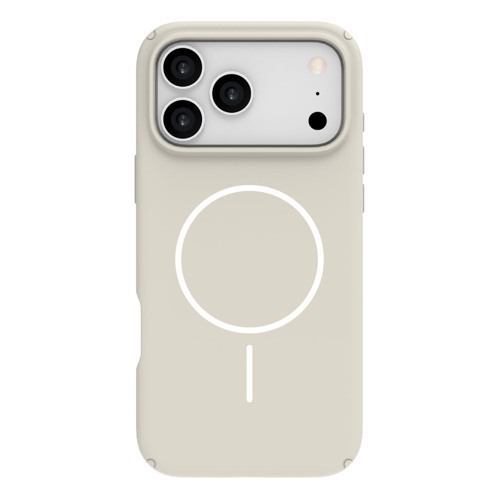 Beige phone case with MagSafe design on a white background