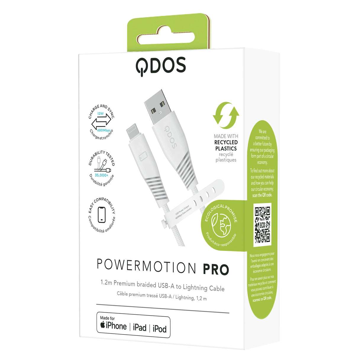 PowerMotion Pro - USB-A to MFI Cable (USB 2.0, 1.2m) - White