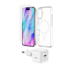 QDOS iPhone 16 Starter Pack including a clear MagSafe-compatible Hybrid Drop + Snap case, OptiGuard Eco Glass screen protector, and 20W GaN PowerCube charger, all made with recycled materials for eco-friendly protection and charging