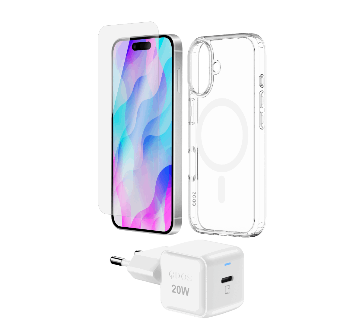 QDOS iPhone 16 Starter Pack including a clear MagSafe-compatible Hybrid Drop + Snap case, OptiGuard Eco Glass screen protector, and 20W GaN PowerCube charger, all made with recycled materials for eco-friendly protection and charging