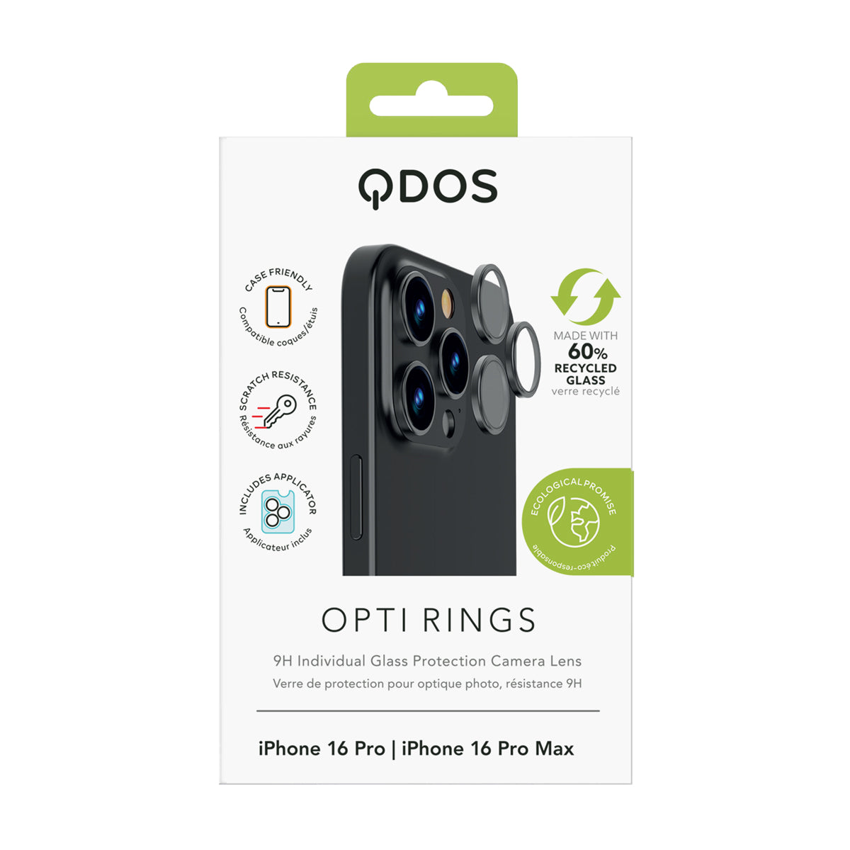 OptiRings - Apple iPhone 16 Pro, iPhone 16 Pro Max Camera Lens Protector - Black Titanium, Showcasing product packaging in white