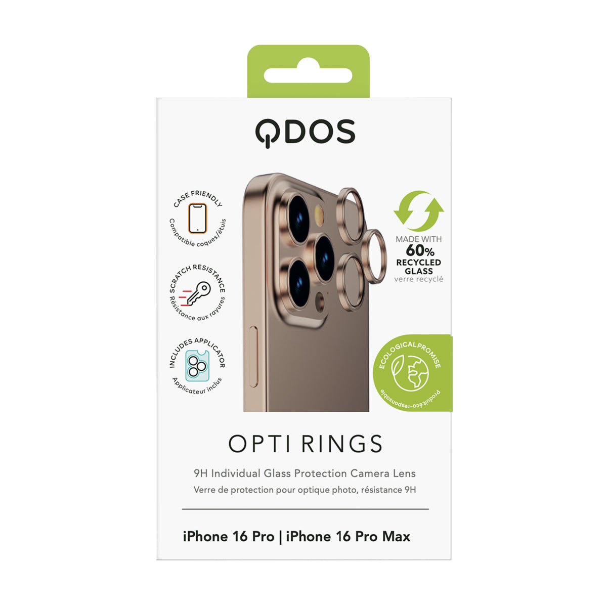 OptiRings - Apple iPhone 16 Pro, iPhone 16 Pro Max Camera Lens Protector - Beige Titanium, Showcasing product packaging in white