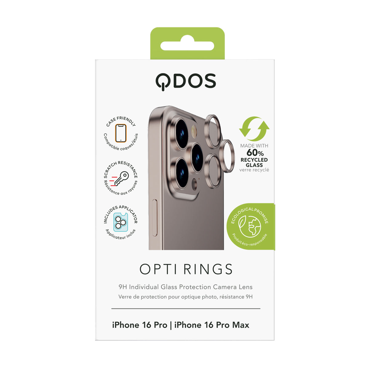 OptiRings - Apple iPhone 16 Pro, iPhone 16 Pro Max Camera Lens Protector - Natural Titanium, Showcasing product packaging in white