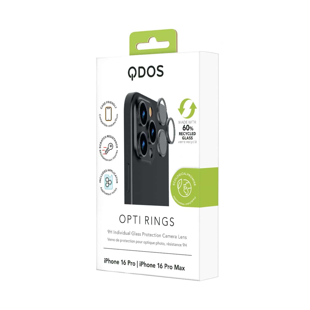 OptiRings - Apple iPhone 16 Pro, iPhone 16 Pro Max Camera Lens Protector - Black Titanium, Showcasing product packaging in white