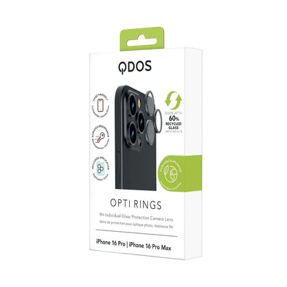 OptiRings - Apple iPhone 16 Pro, iPhone 16 Pro Max Camera Lens Protector - Black Titanium, Showcasing product packaging in white