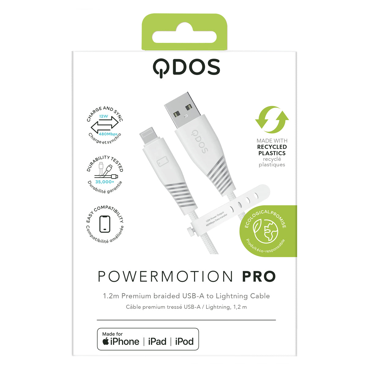 PowerMotion Pro - USB-A to MFI Cable (USB 2.0, 1.2m) - White