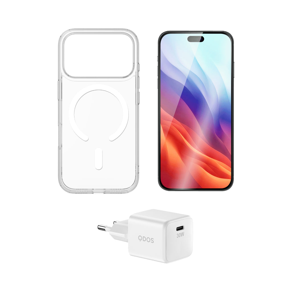 STARTER PACK (EU Plug) - iPhone 18 Pro Max | 17 Pro Max - HYBRID SNAP Case & OptiGuard ECO Glass & 30w EU PowerCube Bundle - White