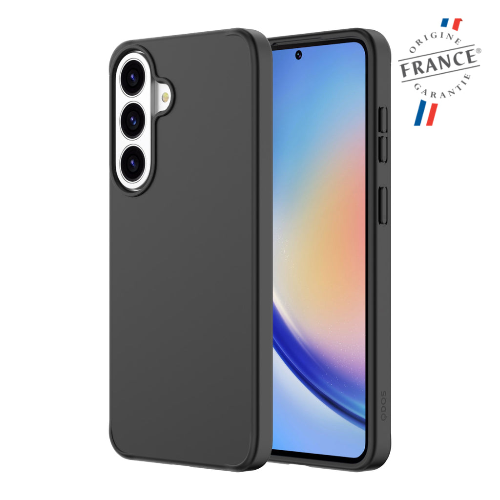 A matte black protective phone case shown from the back and side on a smartphone, with a small 'Origin France Garantie' badge in the top right corner.