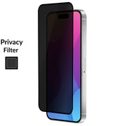 OptiGuard Eco Glass Privacy - Apple iPhone 15 Plus, iPhone 14 Pro Max Screen Protector - Privacy Black, Left Angled Front View with Screen Protector applied on the Display of the Phone.