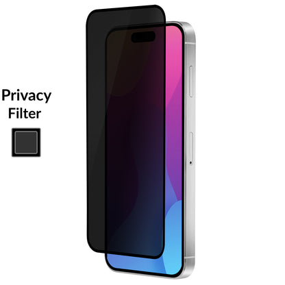 OptiGuard Eco Glass Privacy - Apple iPhone 15 Plus, iPhone 14 Pro Max Screen Protector - Privacy Black, Left Angled Front View with Screen Protector applied on the Display of the Phone.
