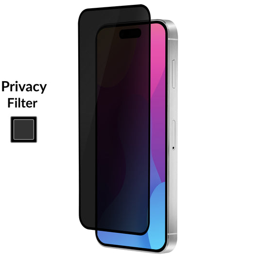 OptiGuard Eco Glass Privacy - Apple iPhone 15 Plus, iPhone 14 Pro Max Screen Protector - Privacy Black, Left Angled Front View with Screen Protector applied on the Display of the Phone.