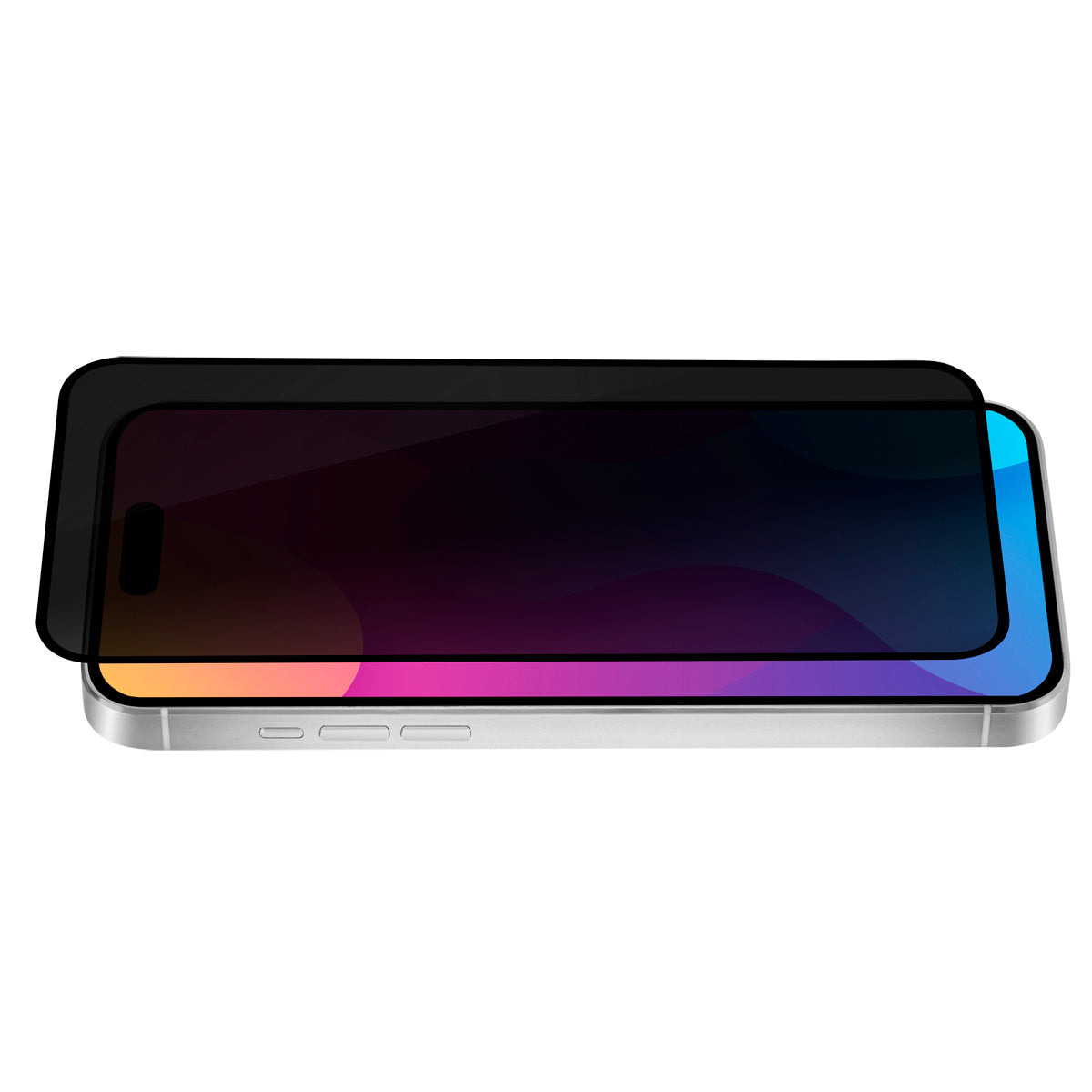 OptiGuard Eco Glass Privacy - Apple iPhone 15 Plus, iPhone 14 Pro Max Screen Protector - Privacy Black, Angled Front View of the Screen Protector applied on the Display of the Phone.