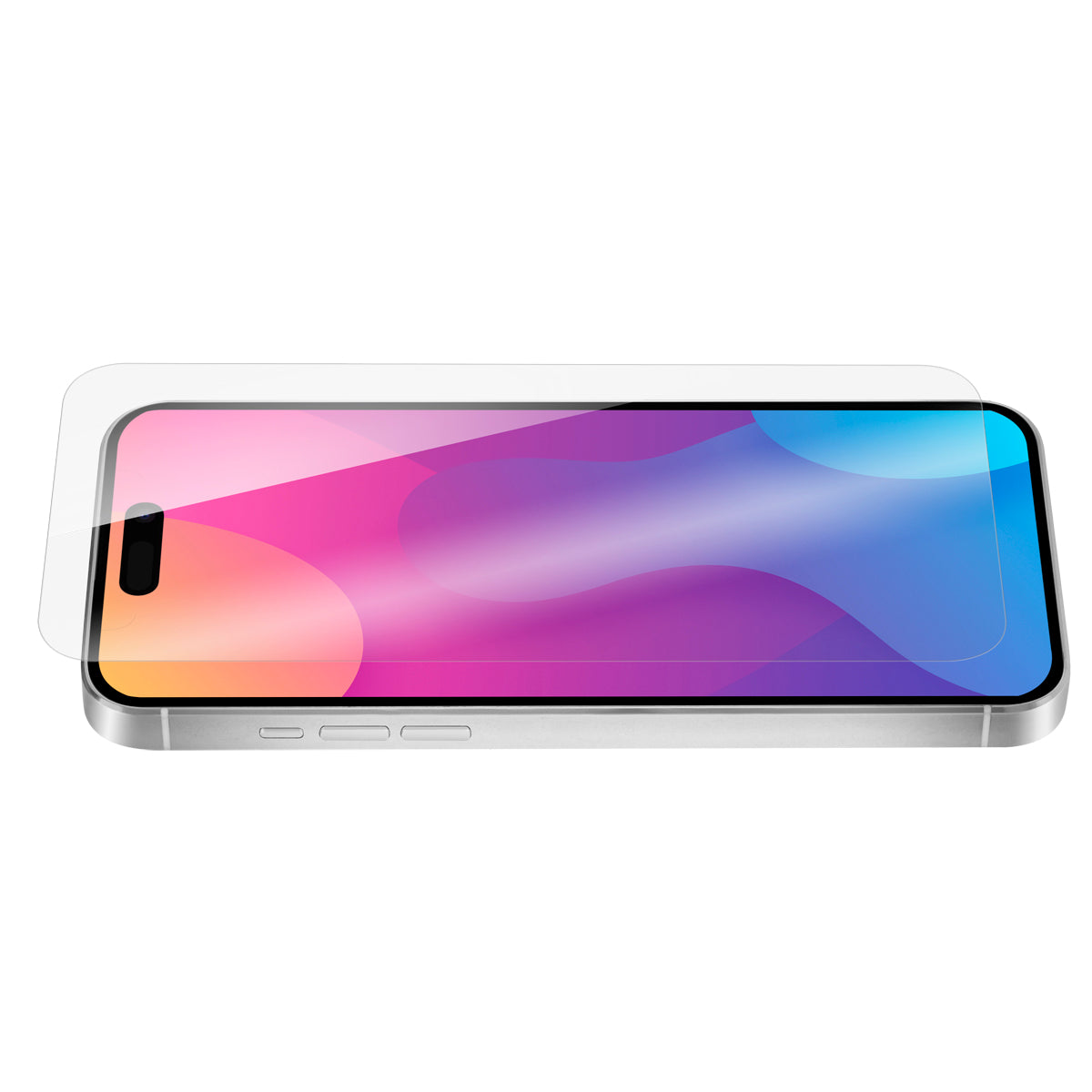 OptiGuard Eco Glass - Apple iPhone 15 Plus Screen Protector - Clear, Angled Front View of the Screen Protector applied on the Display of the Phone.