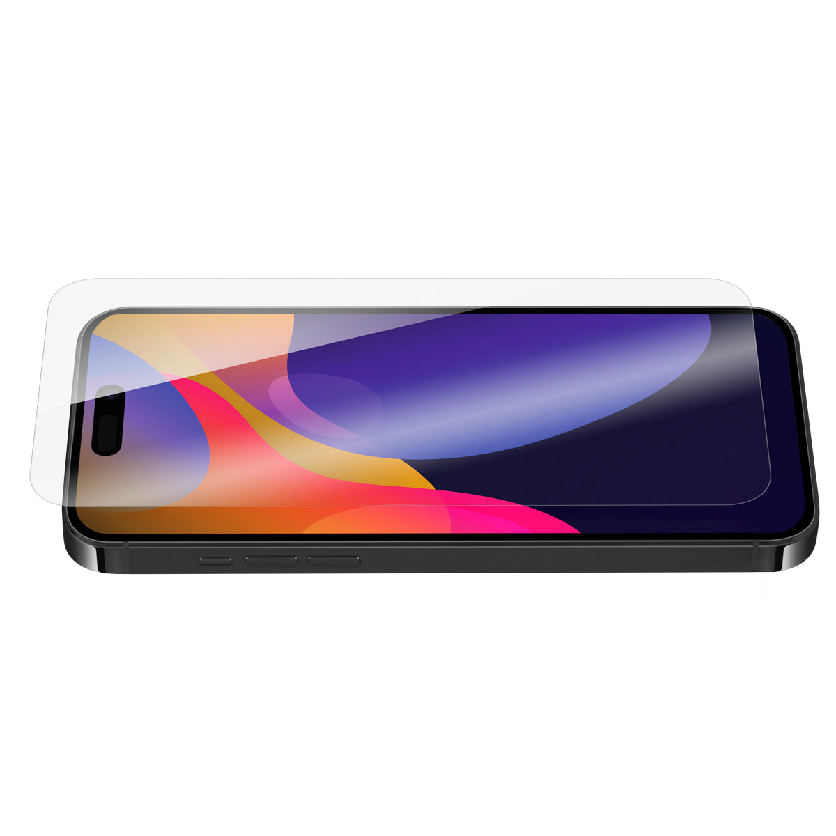 OptiGuard Eco Glass - Apple iPhone 15 Pro Max Screen Protector - Clear, Angled Front View of the Screen Protector applied on the Display of the Phone.