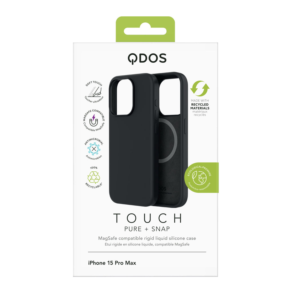 Touch Pure + Snap - Apple iPhone 15 Pro Max Case MagSafe Compatible - Black Titanium, showcasing product packaging in white