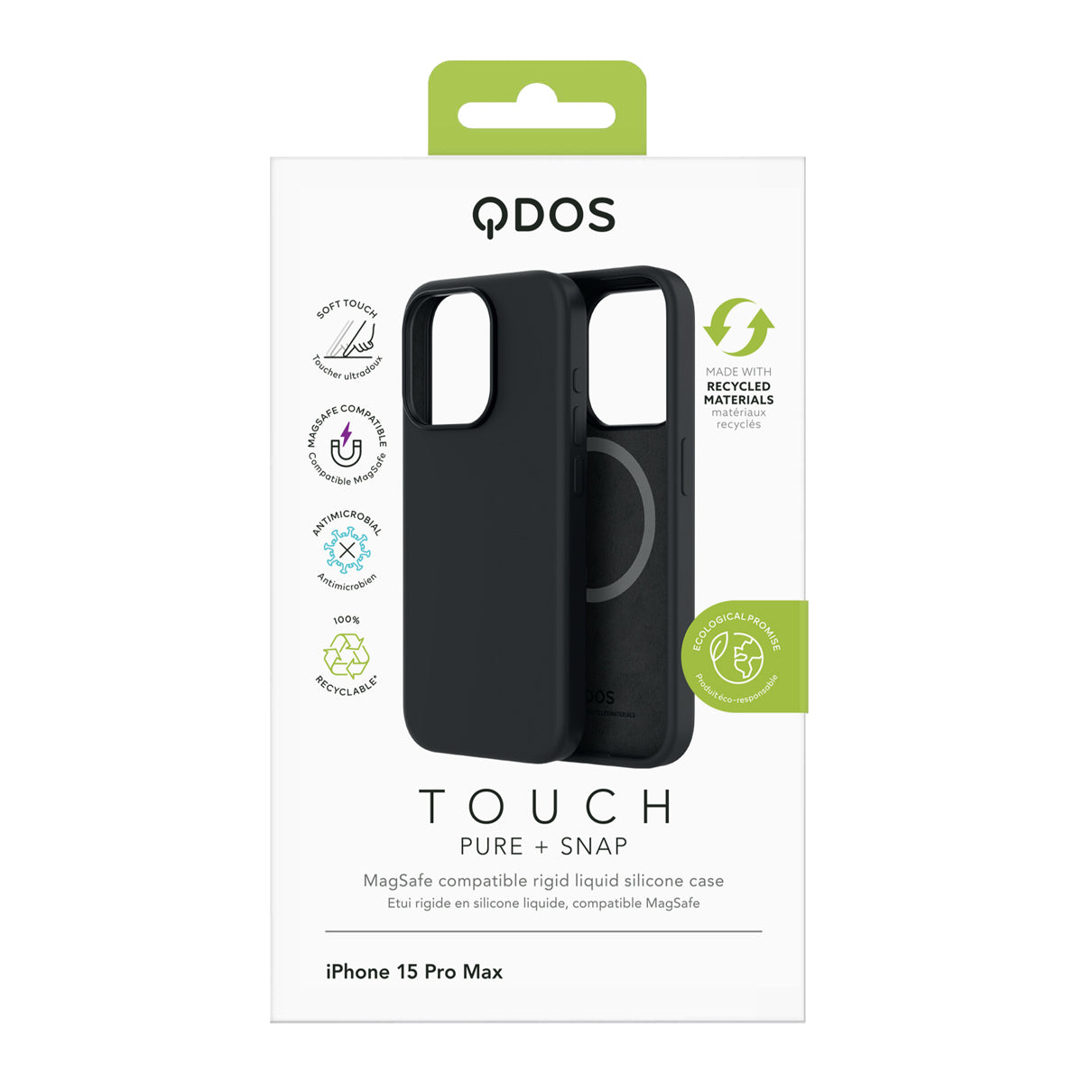 Touch Pure + Snap - Apple iPhone 15 Pro Max Case MagSafe Compatible - Black Titanium, showcasing product packaging in white