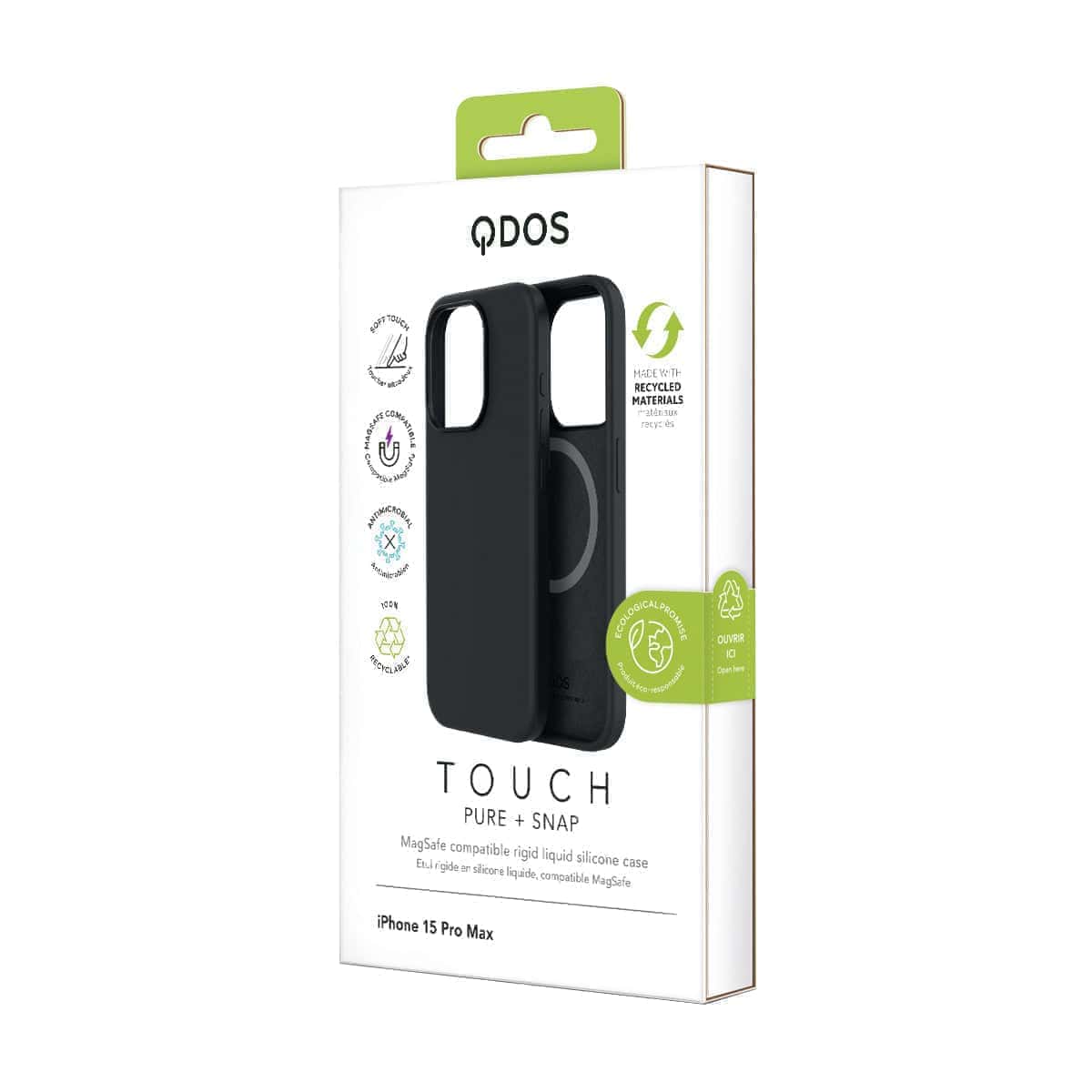 Touch Pure + Snap - Apple iPhone 15 Pro Max Case MagSafe Compatible - Black Titanium, showcasing product packaging in white