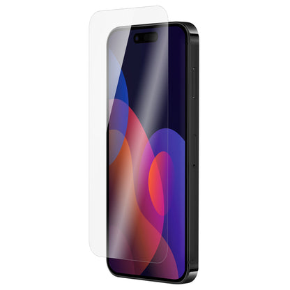 OptiGuard Eco Glass - Apple iPhone 15 Pro Screen Protector - Clear, Left Angled Front View with Screen Protector applied on the Display of the Phone.