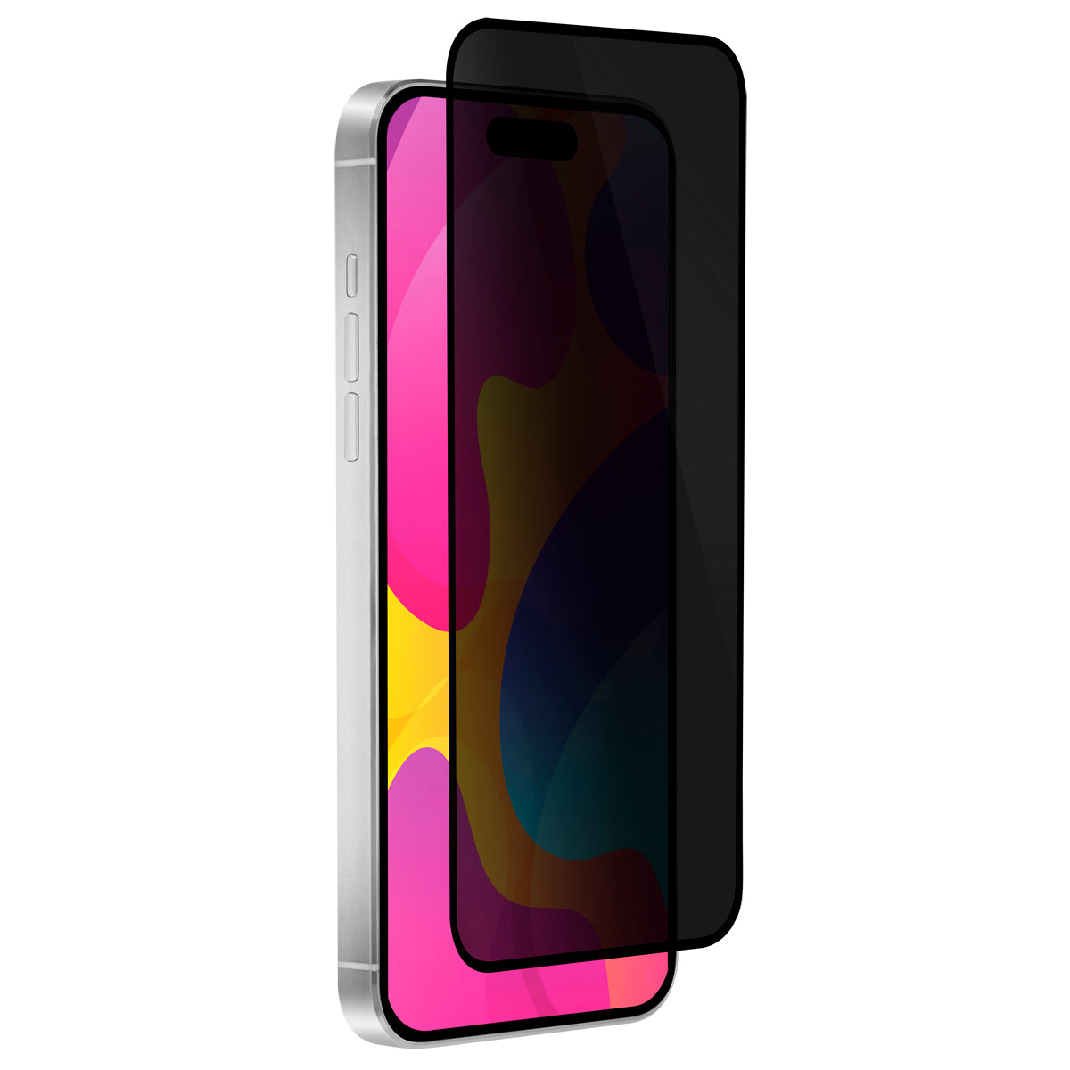 OptiGuard Eco Glass Privacy - Apple iPhone 15, iPhone 14 Screen Protector - Privacy Black, Right Angled Front View of the Screen Protector applied on the Display of the Phone.