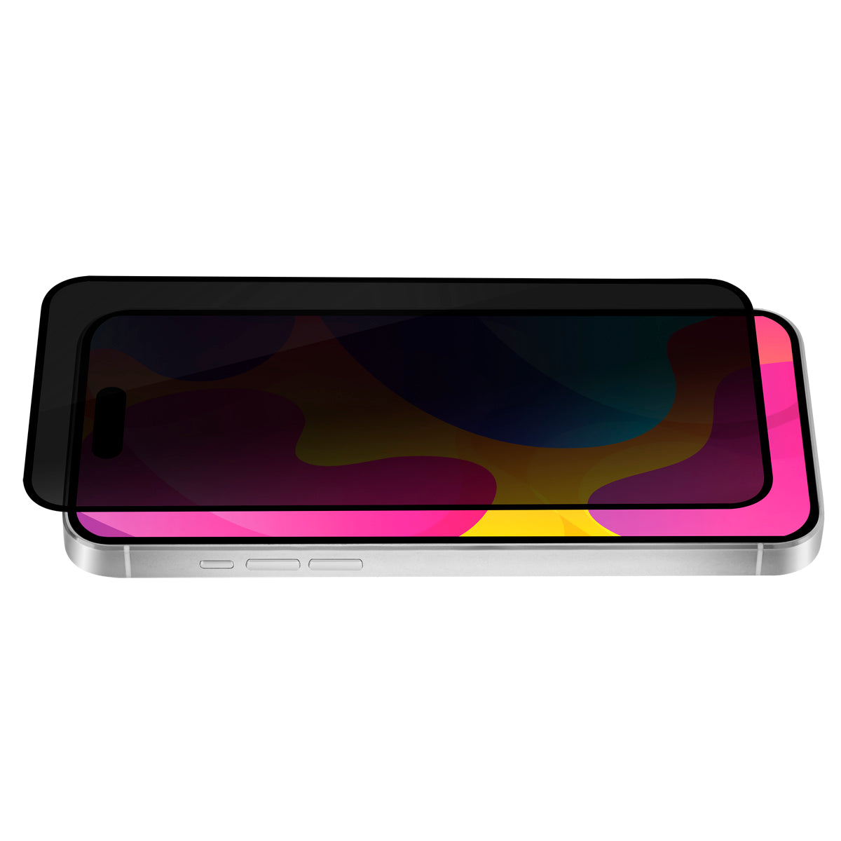 OptiGuard Eco Glass Privacy - Apple iPhone 15, iPhone 14 Screen Protector - Privacy Black, Angled Front View of the Screen Protector applied on the Display of the Phone.