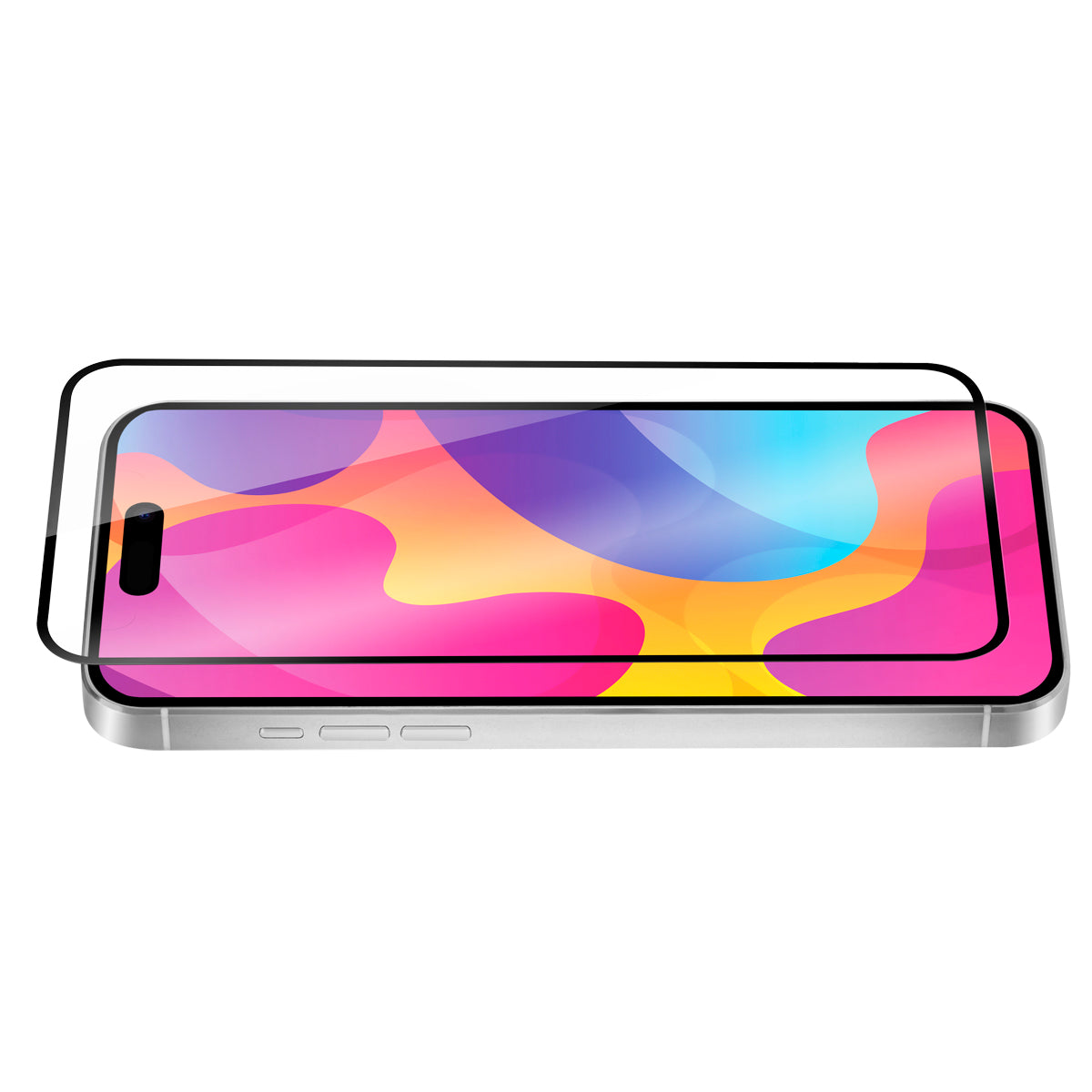 OptiGuard Eco Glass Plus - Apple iPhone 15, iPhone 14 Screen Protector - Clear, Angled Front View of the Screen Protector applied on the Display of the Phone.