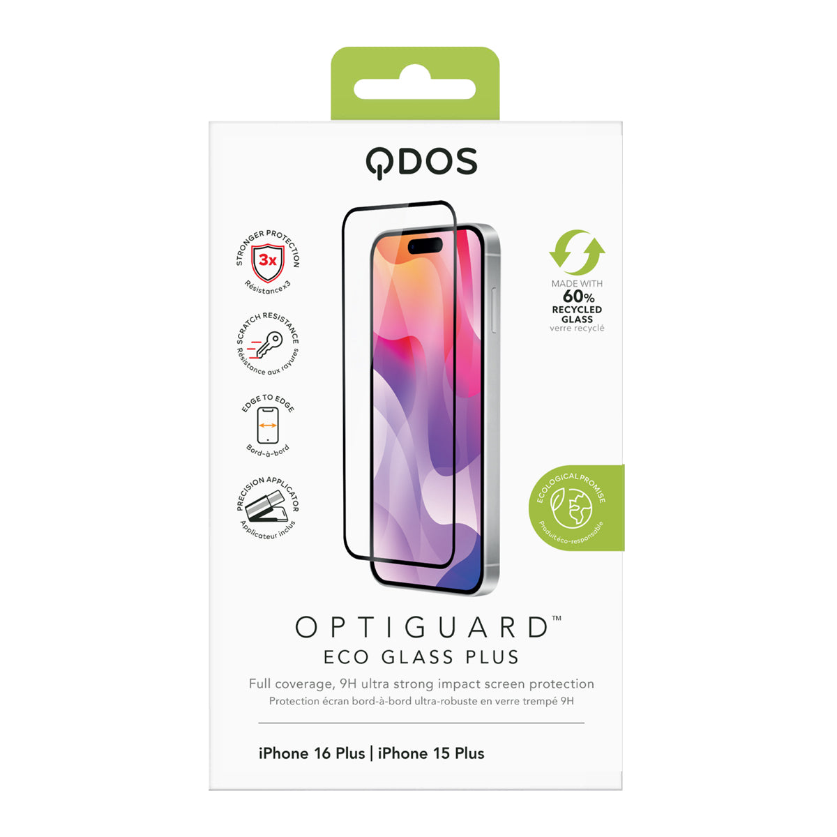 OptiGuard Eco Glass Plus - Apple iPhone 16 Plus, iPhone 15 Plus Screen Protector - Clear with Black Frame, showcasing product packaging in white