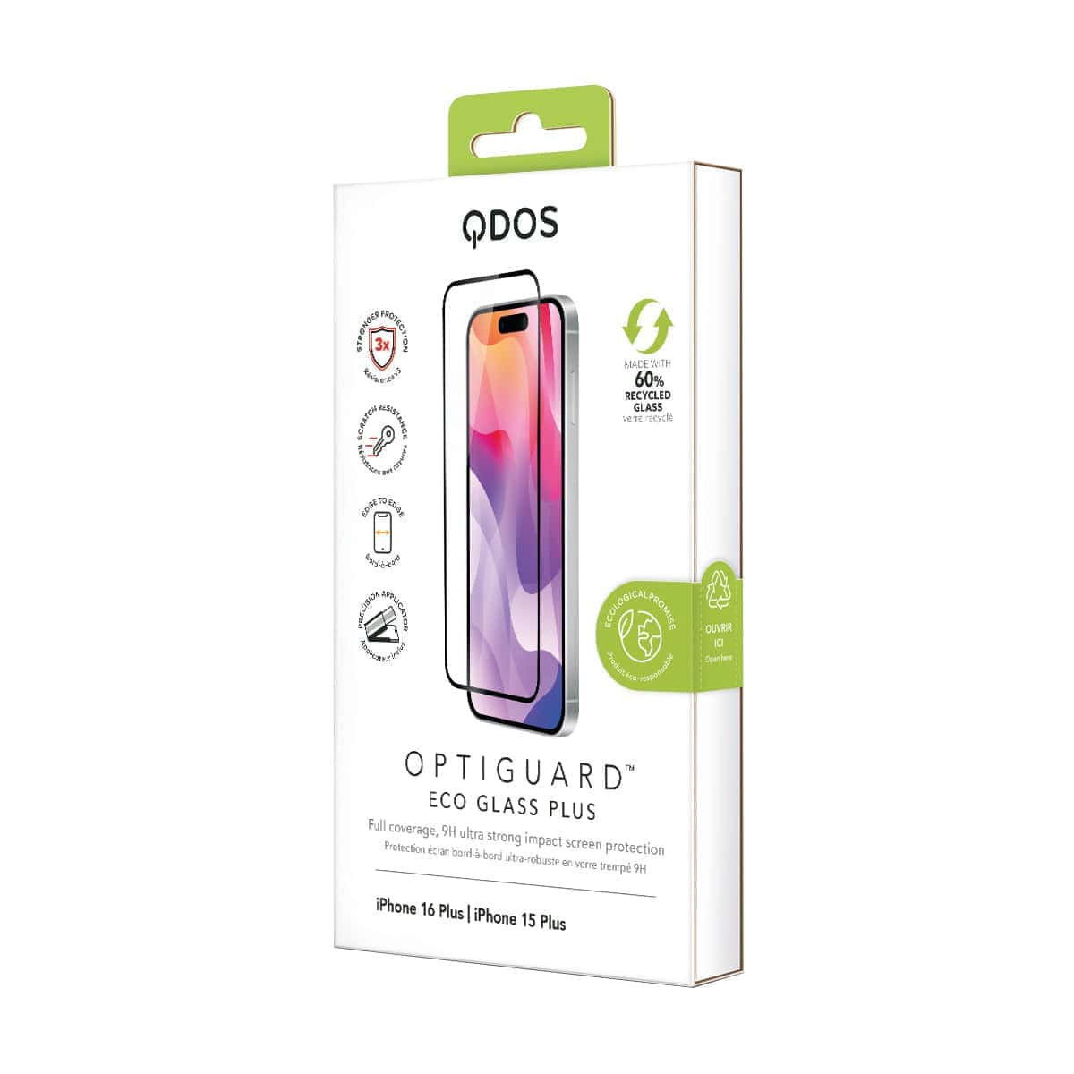 OptiGuard Eco Glass Plus - Apple iPhone 16 Plus, iPhone 15 Plus Screen Protector - Clear with Black Frame, showcasing product packaging in white