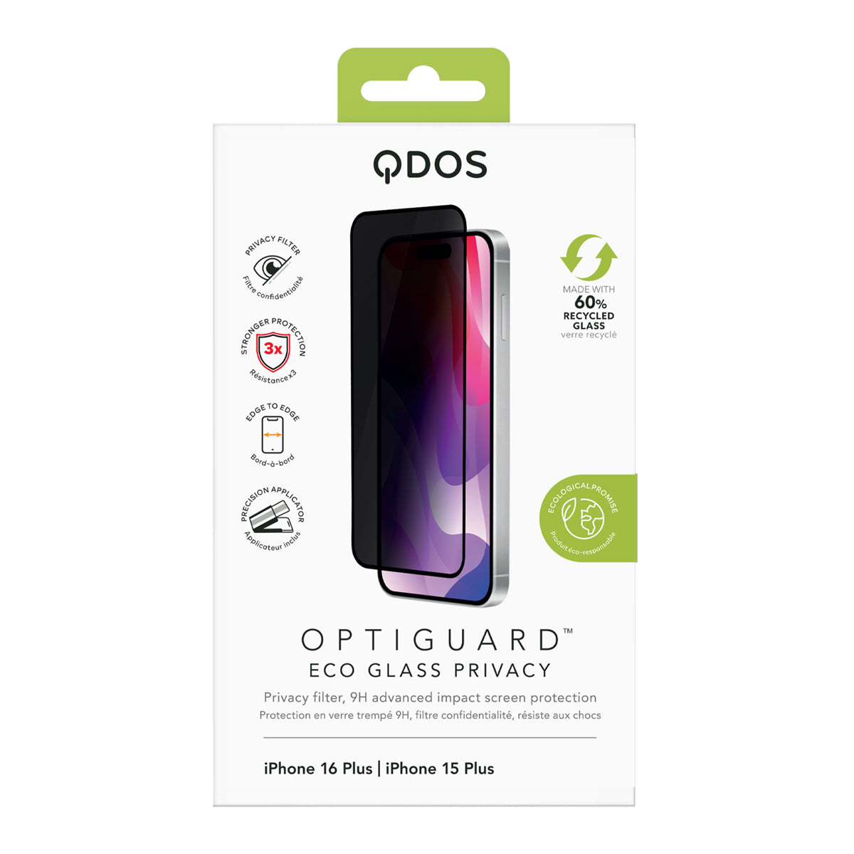 OptiGuard Eco Glass Privacy - Apple iPhone 16 Plus, iPhone 15 Plus Screen Protector - Privacy Black, showcasing product packaging in white