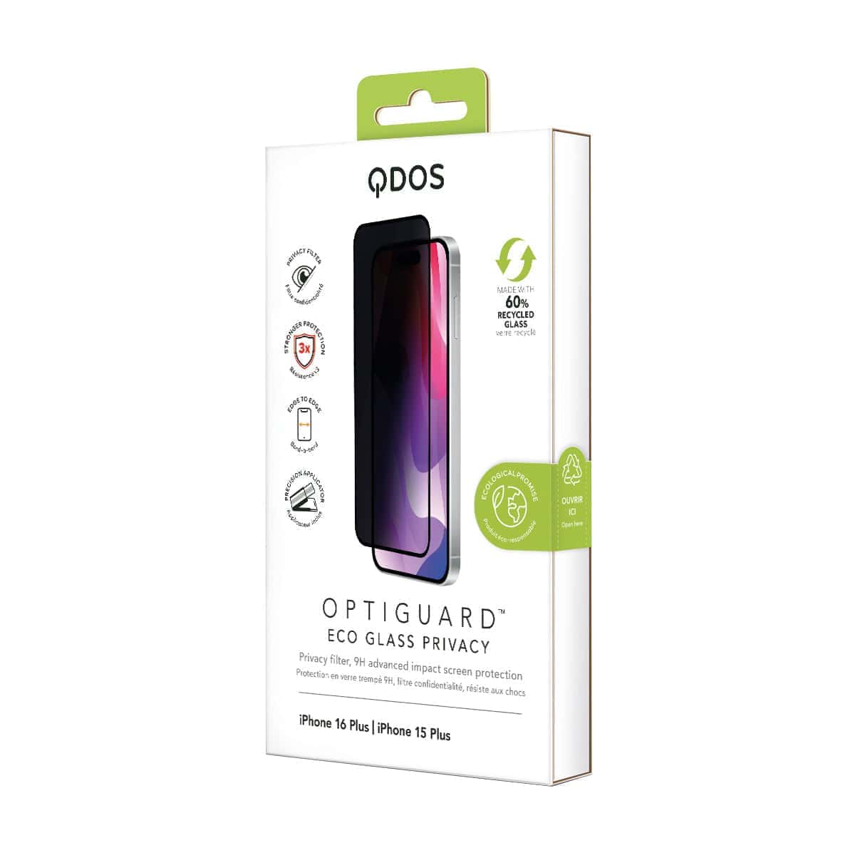 OptiGuard Eco Glass Privacy - Apple iPhone 16 Plus, iPhone 15 Plus Screen Protector - Privacy Black, showcasing product packaging in white