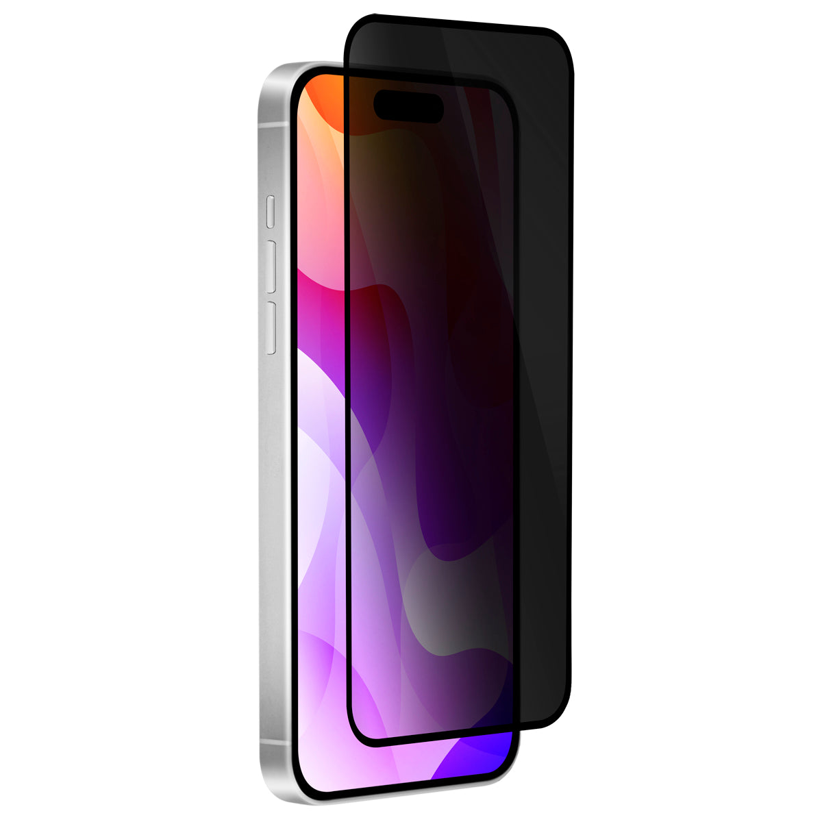 OptiGuard Eco Glass Privacy - Apple iPhone 16 Plus, iPhone 15 Plus Screen Protector - Privacy Black, Right Angled Front View with Screen Protector applied on the Display of the Phone