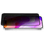 OptiGuard Eco Glass Privacy - Apple iPhone 16 Plus, iPhone 15 Plus Screen Protector - Privacy Black, Angled Front View with Screen Protector applied on the Display of the Phone