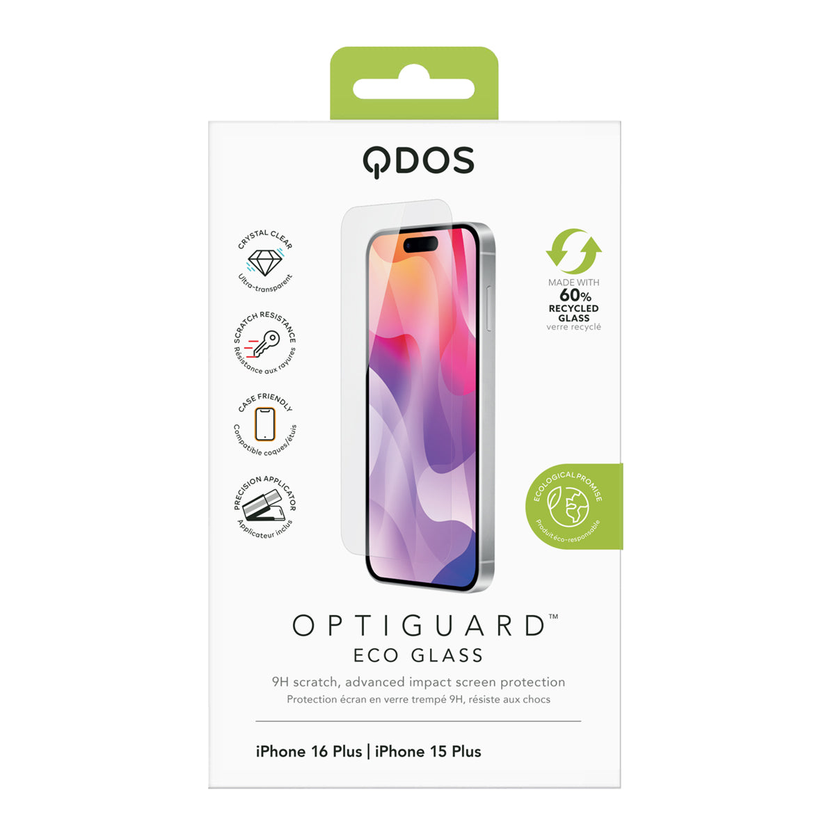 OptiGuard Eco Glass - Apple iPhone 16 Plus, iPhone 15 Plus Screen Protector - Clear, showcasing product packaging in white