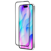 OptiGuard Eco Glass Plus - Apple iPhone 16 Plus, iPhone 15 Plus Screen Protector - Clear with Black Frame, Left Angled Front View with Screen Protector applied on the Display of the Phone