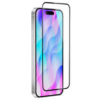 OptiGuard Eco Glass Plus - Apple iPhone 16 Plus, iPhone 15 Plus Screen Protector - Clear with Black Frame, Right Angled Front View with Screen Protector applied on the Display of the Phone