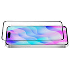 OptiGuard Eco Glass Plus - Apple iPhone 16 Plus, iPhone 15 Plus Screen Protector - Clear with Black Frame, Angled Front View with Screen Protector applied on the Display of the Phone