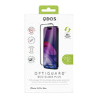 OptiGuard Eco Glass Plus - Apple iPhone 16 Pro Max Screen Protector - Clear with Black Frame, showcasing product packaging in white