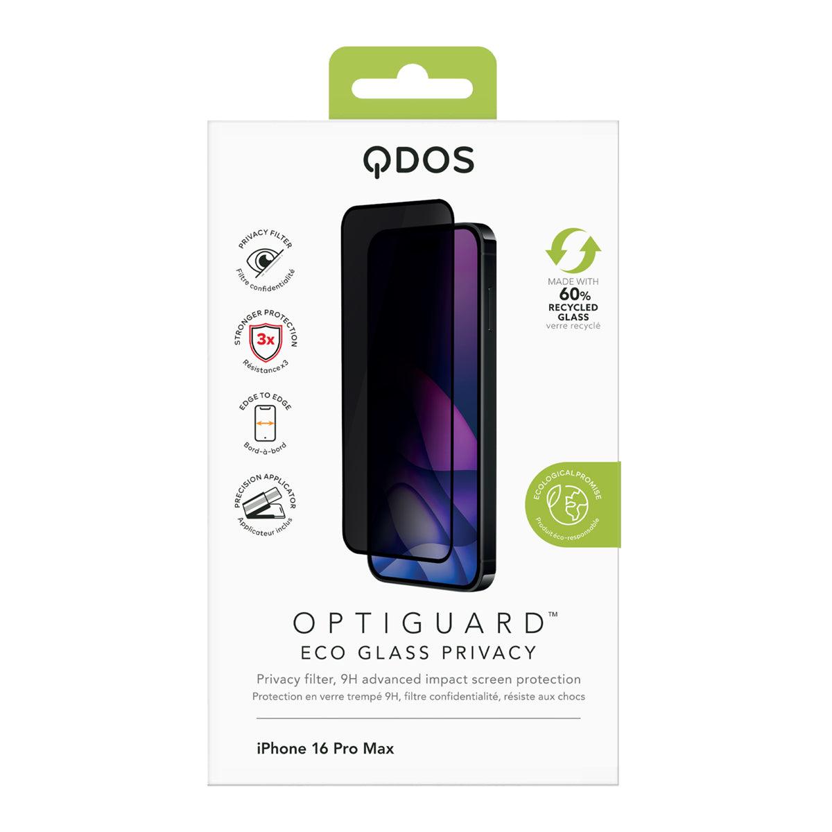 OptiGuard Eco Glass Privacy - Apple iPhone 16 Pro Max Screen Protector - Privacy Black, showcasing product packaging in white