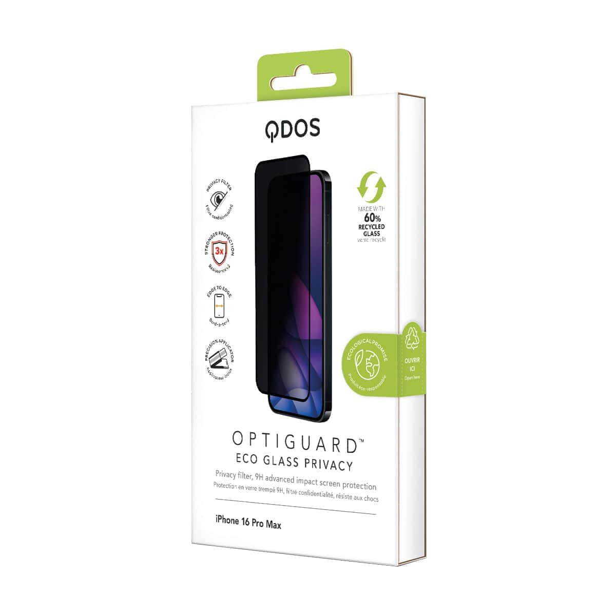 OptiGuard Eco Glass Privacy - Apple iPhone 16 Pro Max Screen Protector - Privacy Black, showcasing product packaging in white