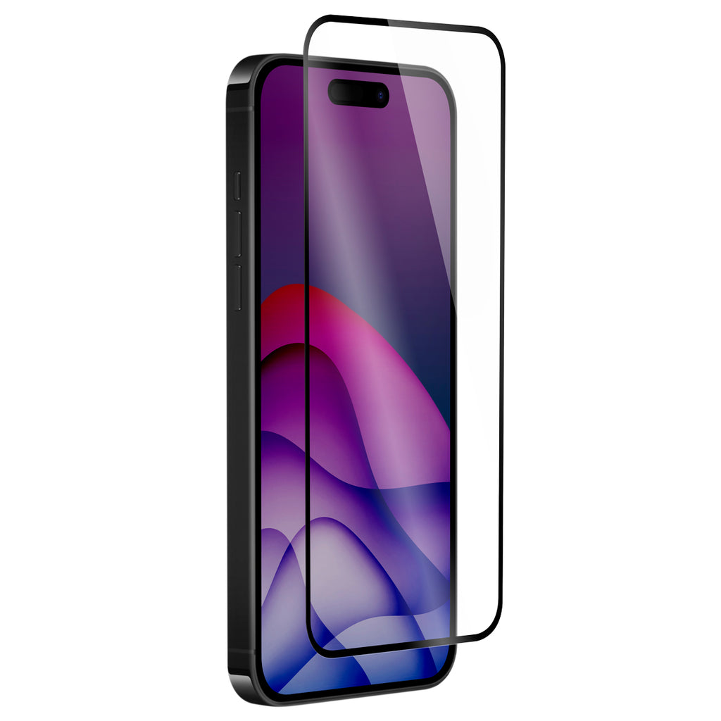 OptiGuard Eco Glass Plus - Apple iPhone 16 Pro Max Screen Protector - Clear with Black Frame, Right Angled Front View with Screen Protector applied on the Display of the Phone