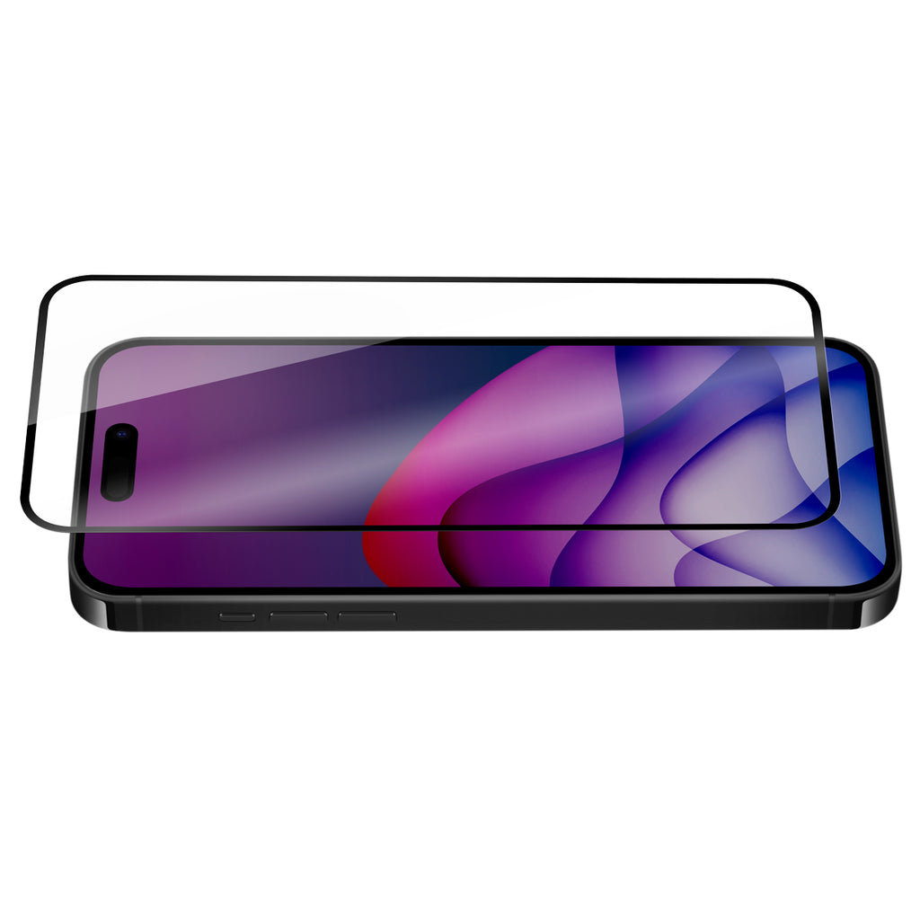 OptiGuard Eco Glass Plus - Apple iPhone 16 Pro Max Screen Protector - Clear with Black Frame, Angled Front View with Screen Protector applied on the Display of the Phone